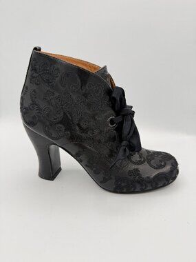John Fluevog Miracles Stunner Black Embroidered Ankle Boot Victorian 7